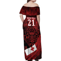 Custom Tonga XIII Rugby Tribal Tattoo Family Matching Off Shoulder Maxi Dress and Hawaiian Shirt Mate Ma'a Tonga Kupesi Ngatu Grunge Style LT9 - Polynesian Pride