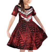 Custom Tonga XIII Rugby Tribal Tattoo Family Matching Off Shoulder Short Dress and Hawaiian Shirt Mate Ma'a Tonga Kupesi Ngatu Grunge Style LT9 Daughter's Dress Red - Polynesian Pride