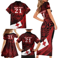 Custom Tonga XIII Rugby Tribal Tattoo Family Matching Short Sleeve Bodycon Dress and Hawaiian Shirt Mate Ma'a Tonga Kupesi Ngatu Grunge Style LT9 - Polynesian Pride