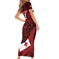 Custom Tonga XIII Rugby Tribal Tattoo Short Sleeve Bodycon Dress Mate Ma'a Tonga Kupesi Ngatu Grunge Style LT9 - Polynesian Pride