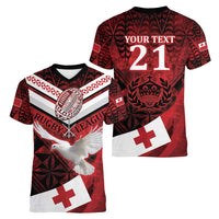Custom Tonga XIII Rugby Tribal Tattoo Women V-Neck T-Shirt Mate Ma'a Tonga Kupesi Ngatu Grunge Style LT9 - Polynesian Pride