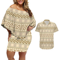 Pasifika Sataoa Pattern Simple Motif Couples Matching Off Shoulder Short Dress and Hawaiian Shirt Beige Tan LT9 Beige Tan - Polynesian Pride