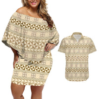 Pasifika Sataoa Pattern Simple Motif Couples Matching Off Shoulder Short Dress and Hawaiian Shirt Beige Tan LT9 Beige Tan - Polynesian Pride