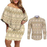 Pasifika Sataoa Pattern Simple Motif Couples Matching Off Shoulder Short Dress and Long Sleeve Button Shirt Beige Tan LT9 Beige Tan - Polynesian Pride