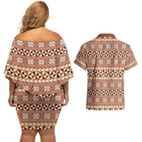 Pasifika Sataoa Pattern Simple Motif Couples Matching Off Shoulder Short Dress and Hawaiian Shirt Brown Beige Tan LT9 - Polynesian Pride