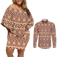Pasifika Sataoa Pattern Simple Motif Couples Matching Off Shoulder Short Dress and Long Sleeve Button Shirt Brown Beige Tan LT9 Brown - Polynesian Pride