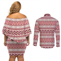 Pasifika Sataoa Pattern Simple Motif Couples Matching Off Shoulder Short Dress and Long Sleeve Button Shirt Cherry LT9 - Polynesian Pride