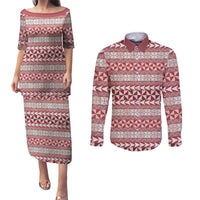 Pasifika Sataoa Pattern Simple Motif Couples Matching Puletasi and Long Sleeve Button Shirt Cherry LT9 Cherry - Polynesian Pride