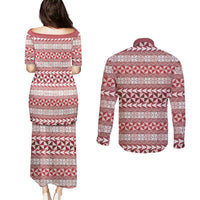 Pasifika Sataoa Pattern Simple Motif Couples Matching Puletasi and Long Sleeve Button Shirt Cherry LT9 - Polynesian Pride