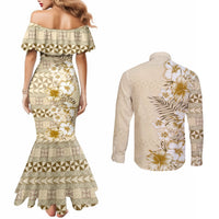Pasifika Sataoa Pattern Plumeria Vintage Couples Matching Mermaid Dress and Long Sleeve Button Shirt Beige Tan LT9 - Polynesian Pride