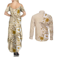 Pasifika Sataoa Pattern Plumeria Vintage Couples Matching Summer Maxi Dress and Long Sleeve Button Shirt Beige Tan LT9 - Polynesian Pride