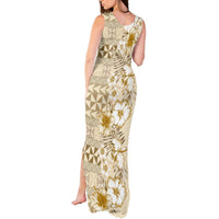 Pasifika Sataoa Pattern Plumeria Vintage Tank Maxi Dress Beige Tan LT9 - Polynesian Pride