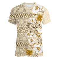 Pasifika Sataoa Pattern Plumeria Vintage Women V Neck T Shirt Beige Tan LT9 Female Beige Tan - Polynesian Pride