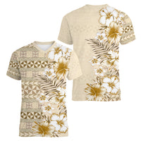 Pasifika Sataoa Pattern Plumeria Vintage Women V Neck T Shirt Beige Tan LT9 - Polynesian Pride