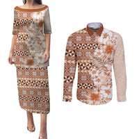 Pasifika Sataoa Pattern Plumeria Vintage Couples Matching Puletasi and Long Sleeve Button Shirt Brown Beige Tan LT9 Brown - Polynesian Pride