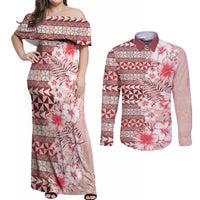 Pasifika Sataoa Pattern Plumeria Vintage Couples Matching Off Shoulder Maxi Dress and Long Sleeve Button Shirt Cherry LT9 Cherry - Polynesian Pride