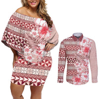 Pasifika Sataoa Pattern Plumeria Vintage Couples Matching Off Shoulder Short Dress and Long Sleeve Button Shirt Cherry LT9 Cherry - Polynesian Pride