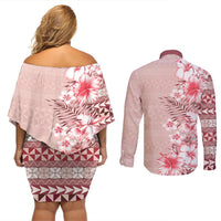 Pasifika Sataoa Pattern Plumeria Vintage Couples Matching Off Shoulder Short Dress and Long Sleeve Button Shirt Cherry LT9 - Polynesian Pride