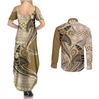 Vintage Hammerhead Shark Valentine Day Couples Matching Summer Maxi Dress and Long Sleeve Button Shirt Pasifika Sataoa Pattern - Beige Tan LT9 - Polynesian Pride