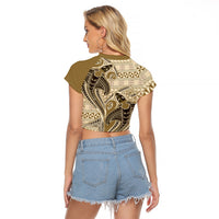 Vintage Hammerhead Shark Valentine Day Raglan Cropped T Shirt Pasifika Sataoa Pattern - Beige Tan LT9 - Polynesian Pride