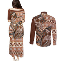Vintage Hammerhead Shark Valentine Day Couples Matching Puletasi and Long Sleeve Button Shirt Pasifika Sataoa Pattern - Brown Beige Tan LT9 - Polynesian Pride