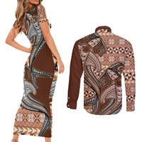 Vintage Hammerhead Shark Valentine Day Couples Matching Short Sleeve Bodycon Dress and Long Sleeve Button Shirt Pasifika Sataoa Pattern - Brown Beige Tan LT9 - Polynesian Pride