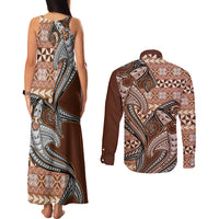 Vintage Hammerhead Shark Valentine Day Couples Matching Tank Maxi Dress and Long Sleeve Button Shirt Pasifika Sataoa Pattern - Brown Beige Tan LT9 - Polynesian Pride
