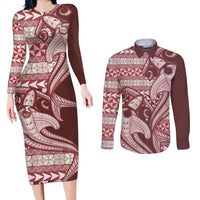 Vintage Hammerhead Shark Valentine Day Couples Matching Long Sleeve Bodycon Dress and Long Sleeve Button Shirt Pasifika Sataoa Pattern - Cherry LT9 Cherry - Polynesian Pride