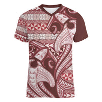 Vintage Hammerhead Shark Valentine Day Women V Neck T Shirt Pasifika Sataoa Pattern - Cherry LT9 Female Cherry - Polynesian Pride