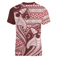 Vintage Hammerhead Shark Valentine Day Women V Neck T Shirt Pasifika Sataoa Pattern - Cherry LT9 - Polynesian Pride