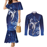Personalized Hawaiian Maori Hammerhead Shark Couples Matching Mermaid Dress and Long Sleeve Button Shirt Polu Plumeria - Polynesian Pride