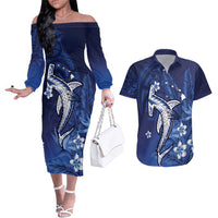 Personalized Hawaiian Maori Hammerhead Shark Couples Matching Off The Shoulder Long Sleeve Dress and Hawaiian Shirt Polu Plumeria LT9 Blue - Polynesian Pride