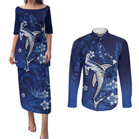 Personalized Hawaiian Maori Hammerhead Shark Couples Matching Puletasi and Long Sleeve Button Shirt Polu Plumeria - Polynesian Pride