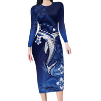 Personalized Hawaiian Maori Hammerhead Shark Family Matching Long Sleeve Bodycon Dress and Hawaiian Shirt Polu Plumeria LT9 Mom's Dress Blue - Polynesian Pride