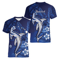 Personalized Hawaiian Maori Hammerhead Shark Women V-Neck T-Shirt Polu Plumeria - Polynesian Pride