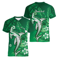 Personalized Hawaiian Maori Hammerhead Shark Women V-Neck T-Shirt Omaomao Plumeria - Polynesian Pride