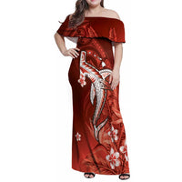 Personalized Hawaiian Maori Hammerhead Shark Family Matching Off Shoulder Maxi Dress and Hawaiian Shirt Ulaula Plumeria LT9 Mom's Dress Red - Polynesian Pride