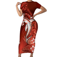 Personalized Hawaiian Maori Hammerhead Shark Family Matching Short Sleeve Bodycon Dress and Hawaiian Shirt Ulaula Plumeria LT9 Mom's Dress Red - Polynesian Pride