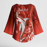 Personalized Hawaiian Maori Hammerhead Shark Kimono Sleeve Blouse Ulaula Plumeria - Polynesian Pride