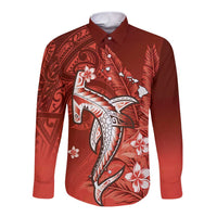 Personalized Hawaiian Maori Hammerhead Shark Long Sleeve Button Shirt Ulaula Plumeria - Polynesian Pride