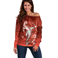 Personalized Hawaiian Maori Hammerhead Shark Off Shoulder Sweater Ulaula Plumeria - Polynesian Pride