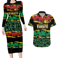 Vanuatu 46th Year Anniversary Couples Matching Long Sleeve Bodycon Dress and Hawaiian Shirt 30 July 1980 Hibiscus Seamless Pattern