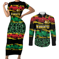 Vanuatu 46th Year Anniversary Couples Matching Short Sleeve Bodycon Dress and Long Sleeve Button Shirt 30 July 1980 Hibiscus Seamless Pattern