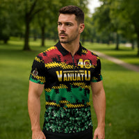 Vanuatu 46th Year Anniversary Zipper Polo Shirt 30 July 1980 Hibiscus Seamless Pattern