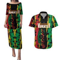 Vanuatu 46th Year Anniversary Couples Matching Puletasi and Hawaiian Shirt Tamtam Slit Drums Long God Yumi Stanap LT9 Black - Polynesian Pride