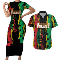 Vanuatu 46th Year Anniversary Couples Matching Short Sleeve Bodycon Dress and Hawaiian Shirt Tamtam Slit Drums Long God Yumi Stanap LT9 Black - Polynesian Pride
