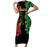 Vanuatu 46th Year Anniversary Short Sleeve Bodycon Dress Tamtam Slit Drums Long God Yumi Stanap