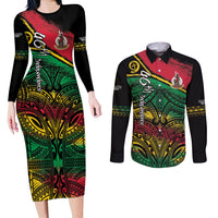 Vanuatu 46th Year Anniversary Couples Matching Long Sleeve Bodycon Dress and Long Sleeve Button Shirt Vintage Grunge Vanuatu Flag Heritage