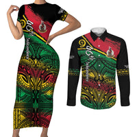 Vanuatu 46th Year Anniversary Couples Matching Short Sleeve Bodycon Dress and Long Sleeve Button Shirt Vintage Grunge Vanuatu Flag Heritage