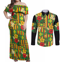 Hawaii Kanaka Maoli Hibiscus Couples Matching Off Shoulder Maxi Dress and Long Sleeve Button Shirt Hawaiian Flag Motif LT9 Green - Polynesian Pride